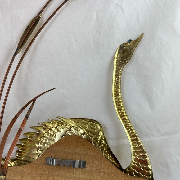 Vintage Swan Bird with Cattails Brass Copper & Wood MCM Wall Art Decor 2 Pieces - Picture 7 of 9